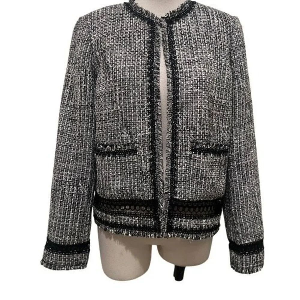 Elie Tahari Womens Tweed Frayed Long Sleeve Liri Jacket Black Gray Medium NWT